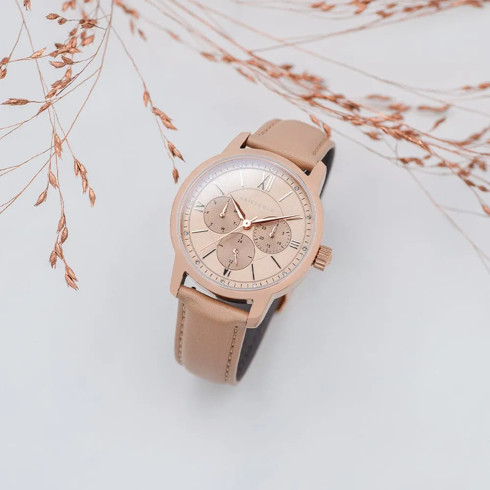 ARIES GOLD URBAN ETERNAL ROSE GOLD STAINLESS STEEL L 1028 RG-BEI DUSTY PINK LEATHER STRAP WOMEN'S WATCH