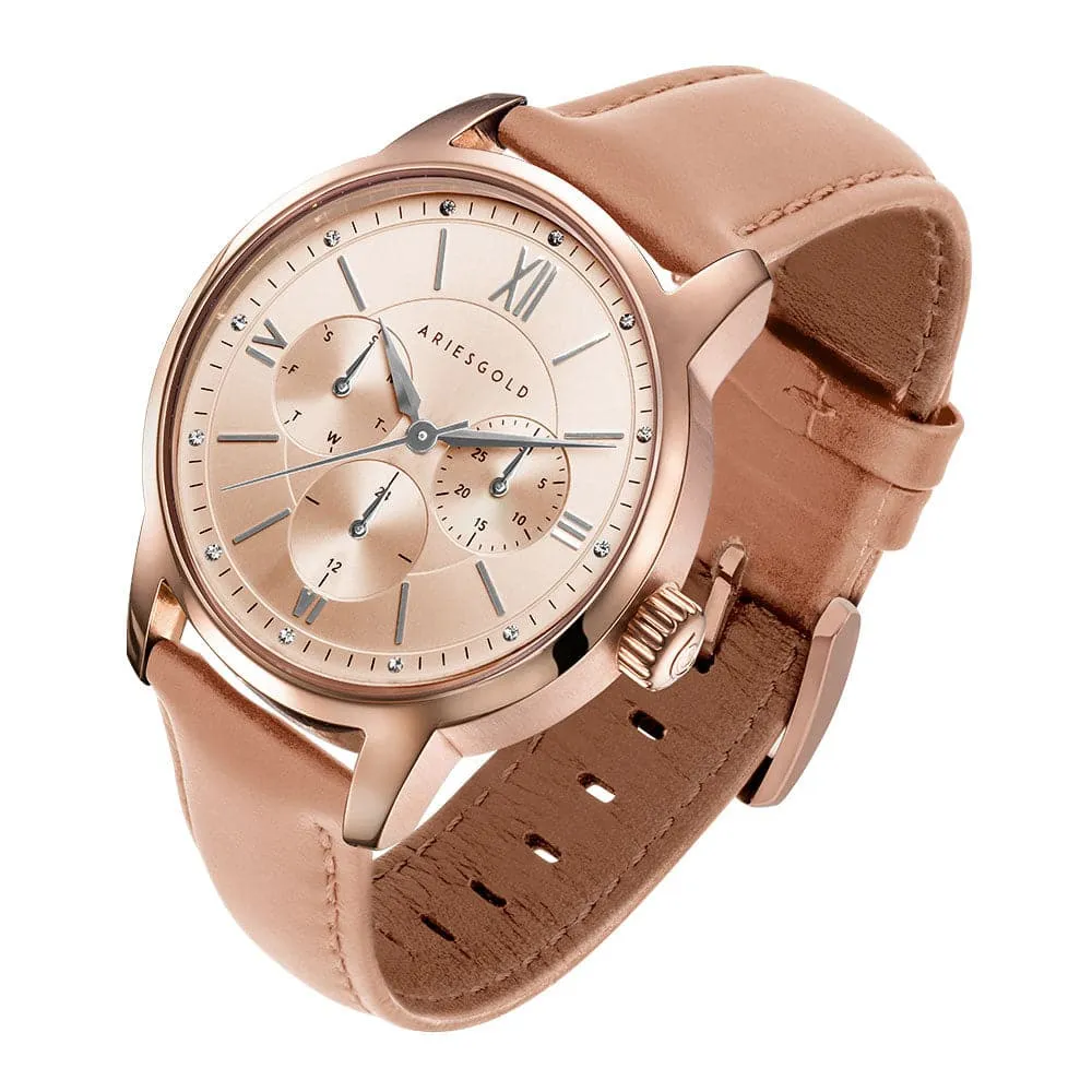 ARIES GOLD URBAN ETERNAL ROSE GOLD STAINLESS STEEL L 1028 RG-BEI DUSTY PINK LEATHER STRAP WOMEN'S WATCH