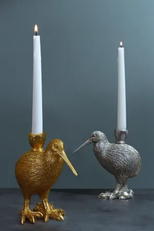 Brass Kiwi Bird-Shaped Gold and Silver Dinner Candle Holders