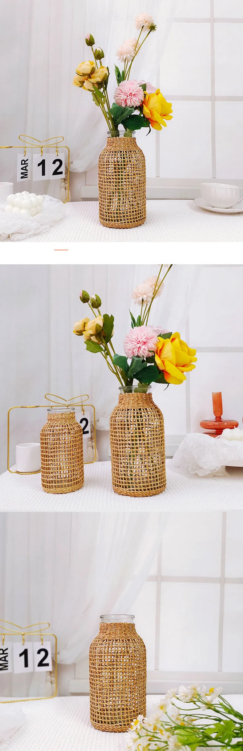 Bulk Glass Flower Vase with Rattan Cover Woven Seagrass Vase for Decor Wholesale