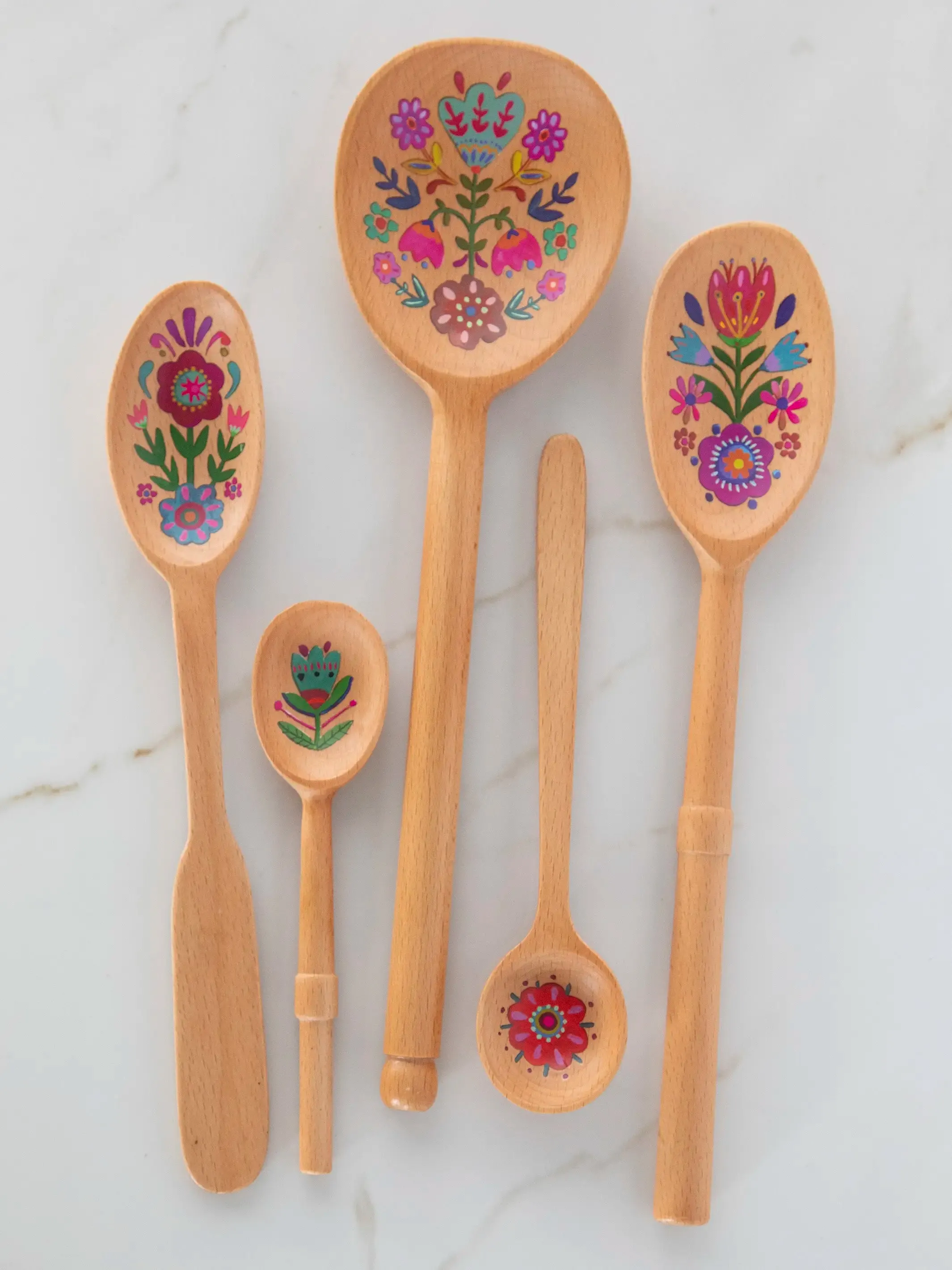 Cutest Wooden Spoons, Set of 5 - Folk Flower