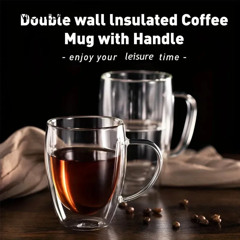 Double Transparent Wall Glass Mug With Handle