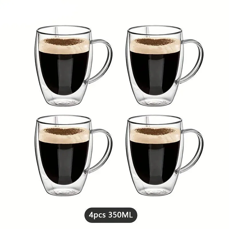 Double Transparent Wall Glass Mug With Handle