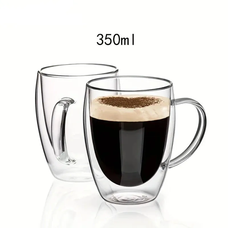 Double Transparent Wall Glass Mug With Handle