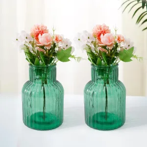 Ekhasa Green Flower Glass Vase for Home Decor | Glass Vases Home Decor for Living Room & Home Decoration | Flower Vase Aesthetic Flower Pots for Home Table Decorative Items Dining Table (Set of 2)