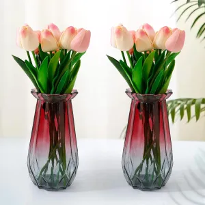 Ekhasa Red & Grey Flower Glass Vase for Home Decor | Glass Vases Home Decor for Living Room & Home Decoration | Flower Vase Aesthetic Flower Pots for Table Decorative Items Dining Table (Set of 2)