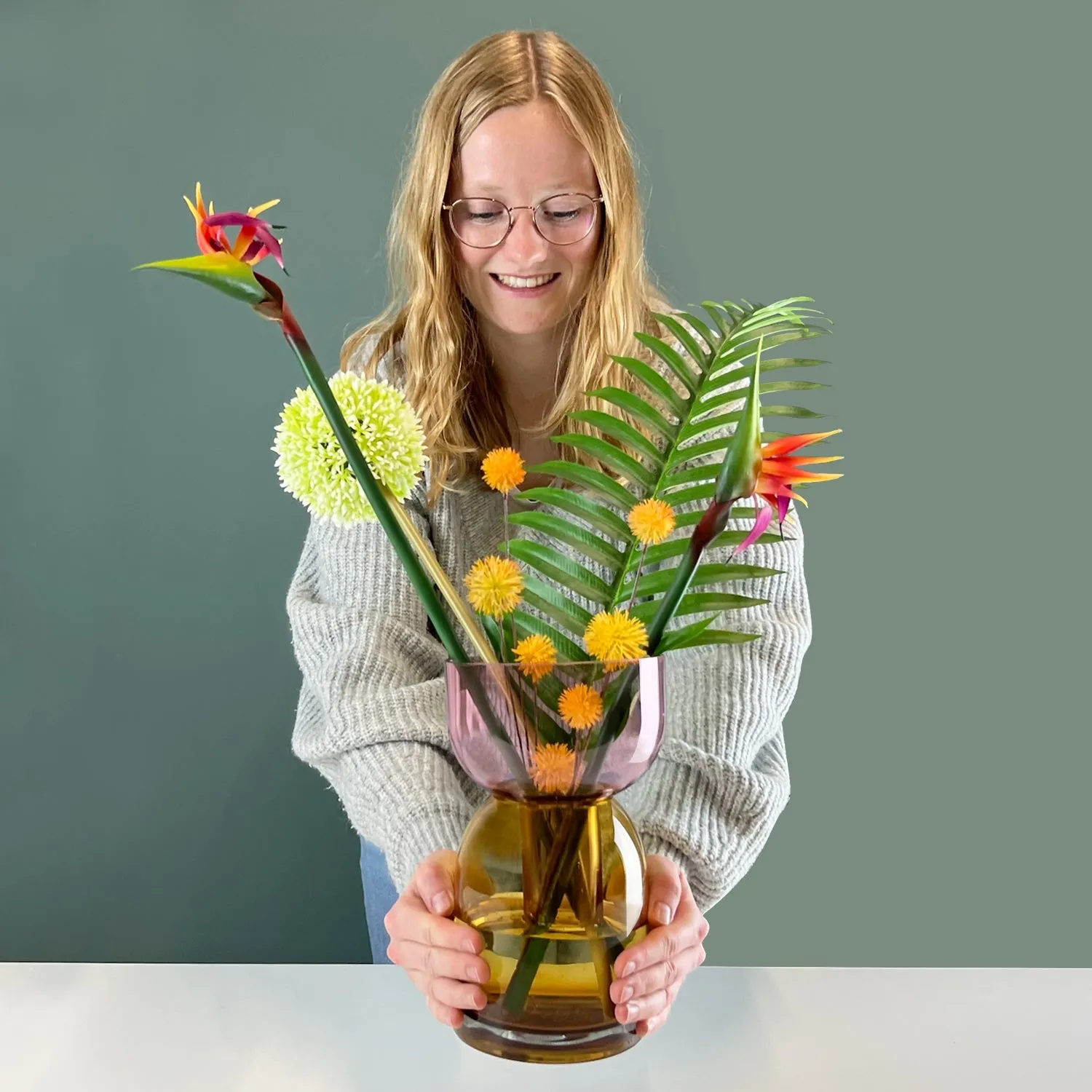 Flip Vase Medium Pink and Yellow - Vase - Reversible - Soda Lime Glass - Dual Sided - Floral