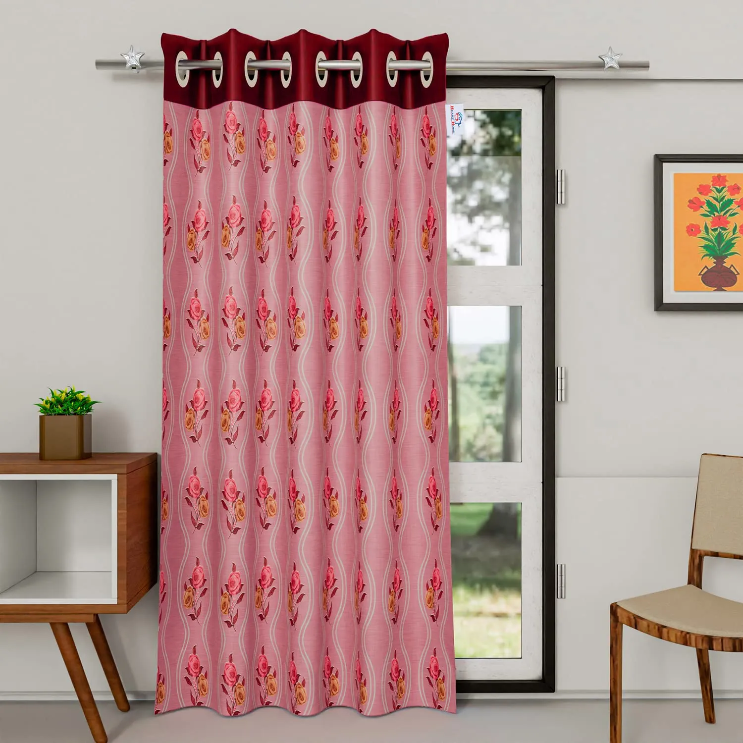 Heart Home Polyester Decorative 9 Feet Long Door Curtain | Rose Print Blackout Drapes Curtain with 8 Eyelet for Home & Office (Pink)