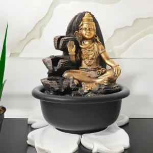 Heart Home Polyresin Shiva Fountain for Home Decor with LED Lights | 16x16x19cm | Tabletop Fountain | Living Room/Hall/Office/Garden Décor Gifting | Gold Color