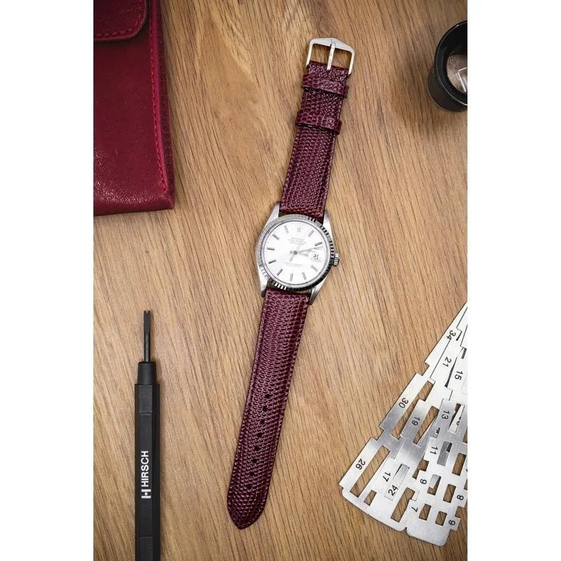 Hirsch RAINBOW Lizard Embossed Leather Watch Strap in BURGUNDY