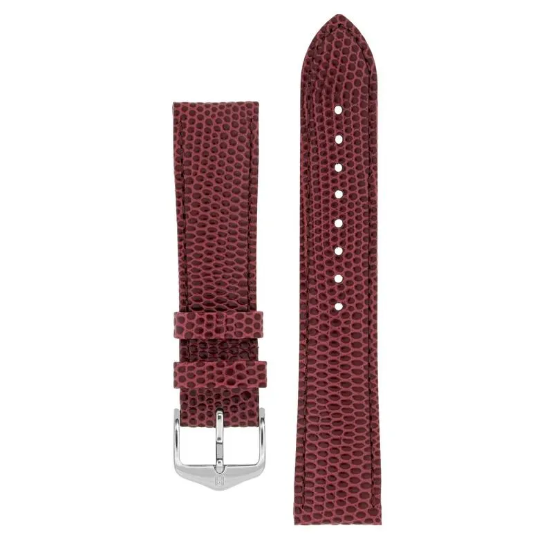 Hirsch RAINBOW Lizard Embossed Leather Watch Strap in BURGUNDY