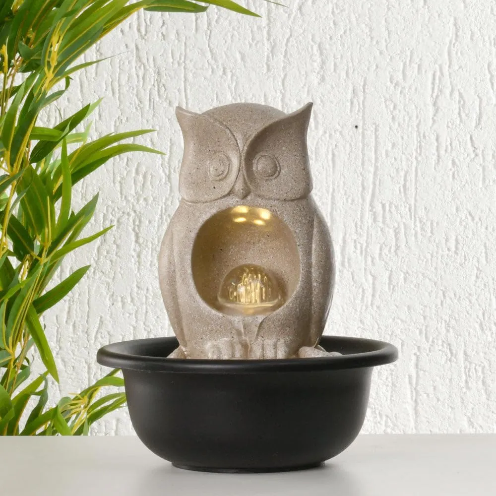 @home by Nilkamal Owl Shaped Decorative Water Fountain with LED Light | for Home Decoration, Office, Table Decor and Gifting |20.5 x 20.5 x 24.5 cm |Sand