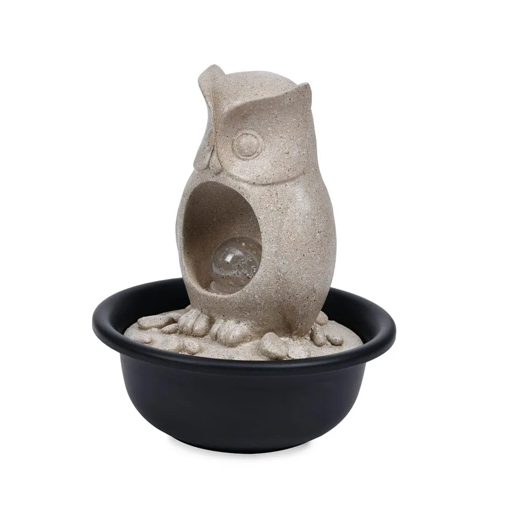 @home by Nilkamal Owl Shaped Decorative Water Fountain with LED Light | for Home Decoration, Office, Table Decor and Gifting |20.5 x 20.5 x 24.5 cm |Sand