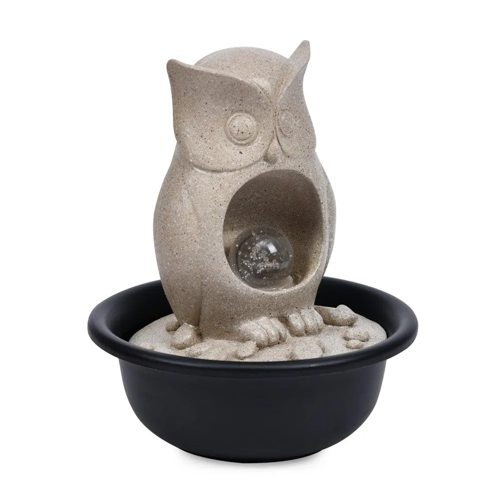 @home by Nilkamal Owl Shaped Decorative Water Fountain with LED Light | for Home Decoration, Office, Table Decor and Gifting |20.5 x 20.5 x 24.5 cm |Sand