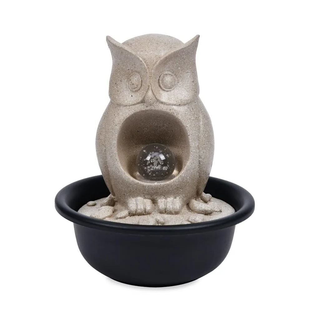 @home by Nilkamal Owl Shaped Decorative Water Fountain with LED Light | for Home Decoration, Office, Table Decor and Gifting |20.5 x 20.5 x 24.5 cm |Sand