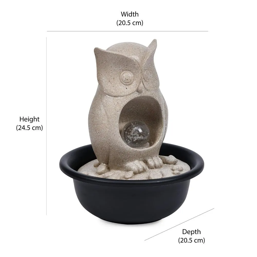 @home by Nilkamal Owl Shaped Decorative Water Fountain with LED Light | for Home Decoration, Office, Table Decor and Gifting |20.5 x 20.5 x 24.5 cm |Sand