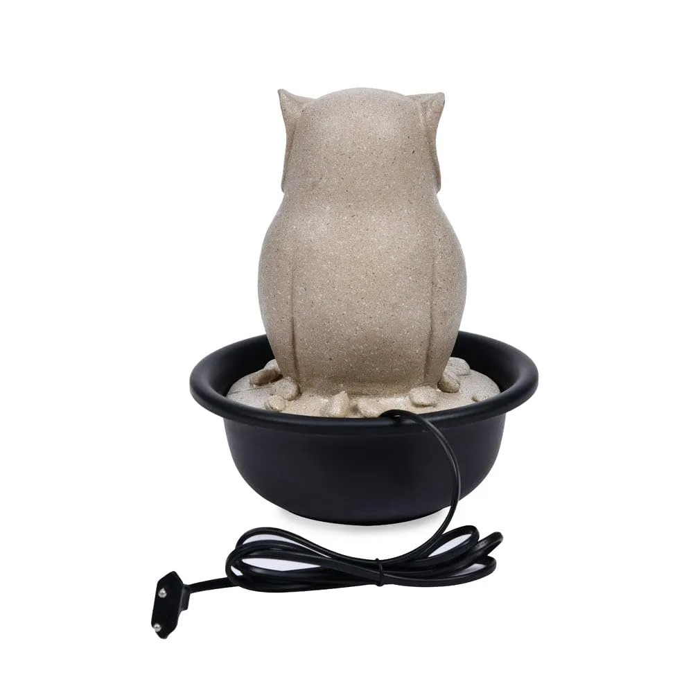 @home by Nilkamal Owl Shaped Decorative Water Fountain with LED Light | for Home Decoration, Office, Table Decor and Gifting |20.5 x 20.5 x 24.5 cm |Sand