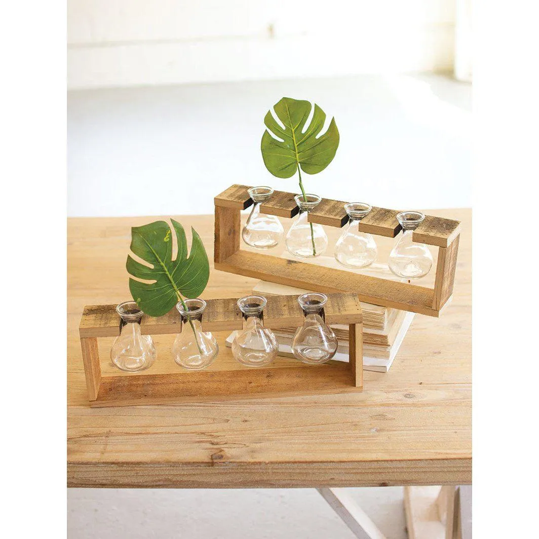 Kalalou - FOUR GLASS BUD VASES WITH A RECYCLED WOODEN STAND - CCHA1002