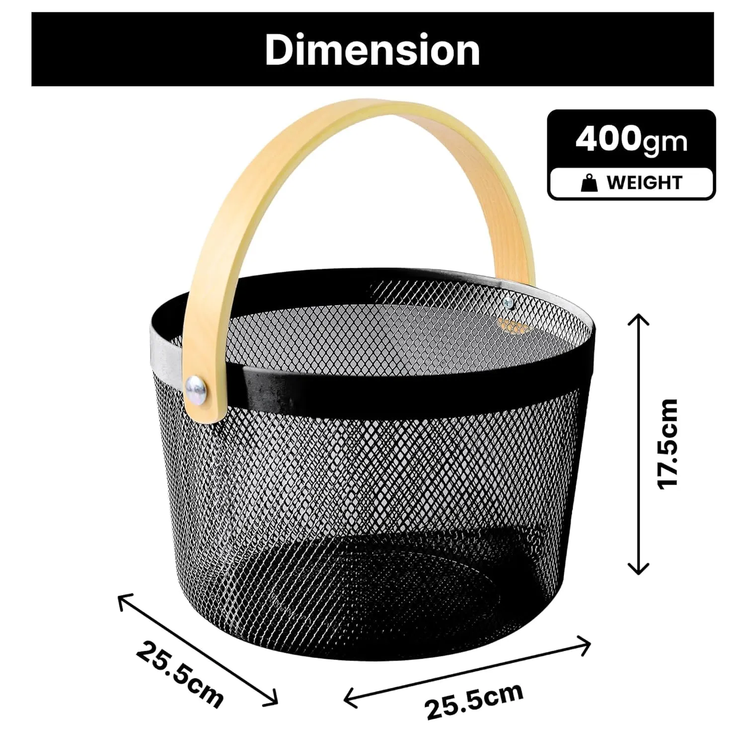 Kuber Industries Metal Mesh Basket for Storage with wooden handle | 400 Gm | Fruit Basket and Vegetable Basket for Kitchen | Baskets for Organizing Home | Multipurpose | Black