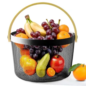 Kuber Industries Metal Mesh Basket for Storage with wooden handle | 400 Gm | Fruit Basket and Vegetable Basket for Kitchen | Baskets for Organizing Home | Multipurpose | Black