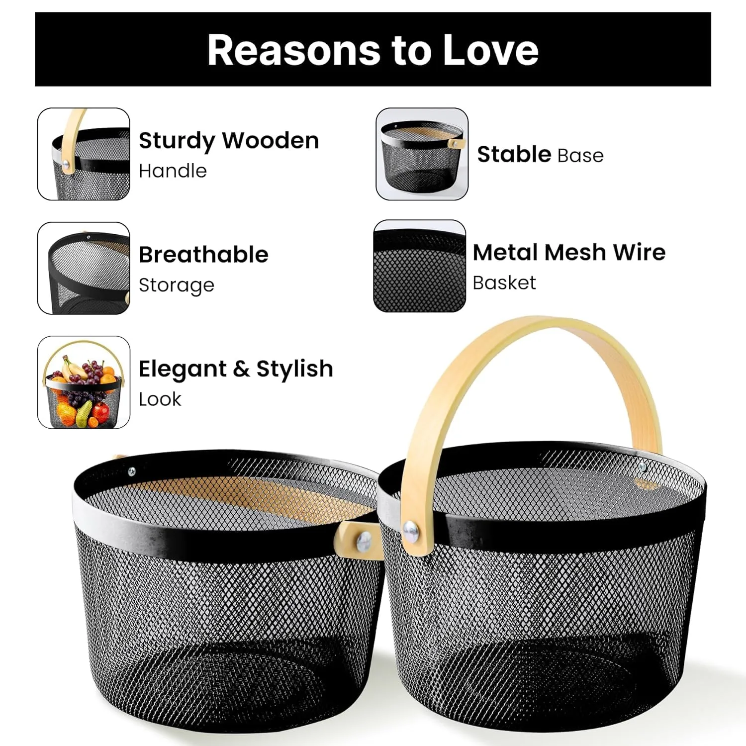 Kuber Industries Metal Mesh Basket for Storage with wooden handle | 400 Gm | Fruit Basket and Vegetable Basket for Kitchen | Baskets for Organizing Home | Multipurpose | Black