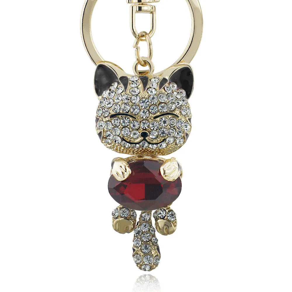 Lucky Smile Cat Crystal Rhinestone Key Chains Holder Purse Bag