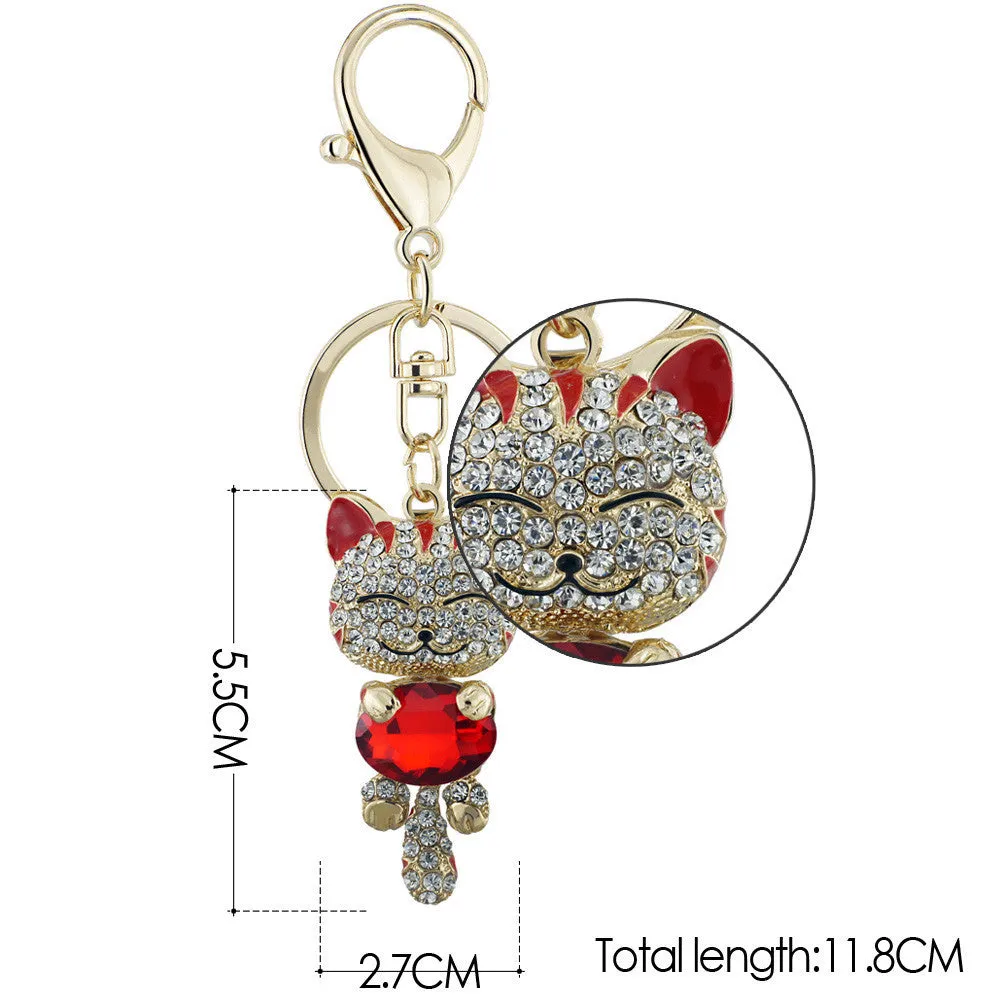 Lucky Smile Cat Crystal Rhinestone Key Chains Holder Purse Bag