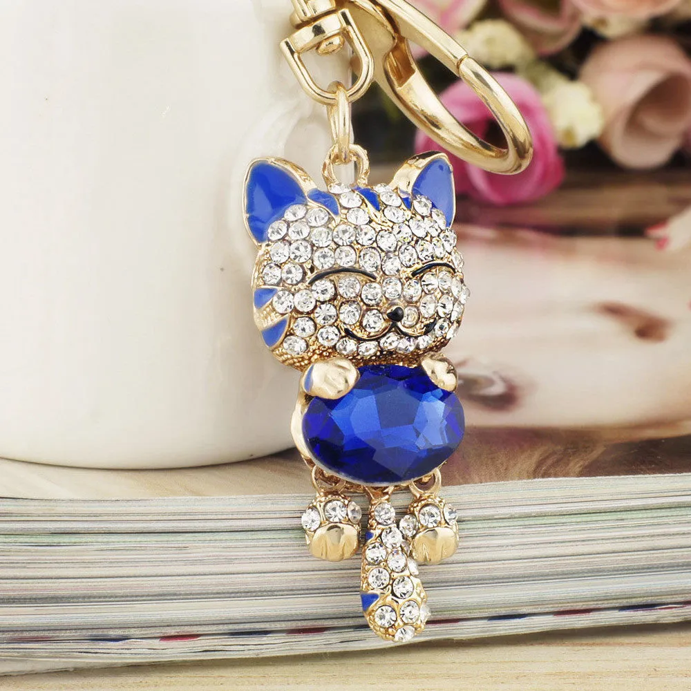 Lucky Smile Cat Crystal Rhinestone Key Chains Holder Purse Bag