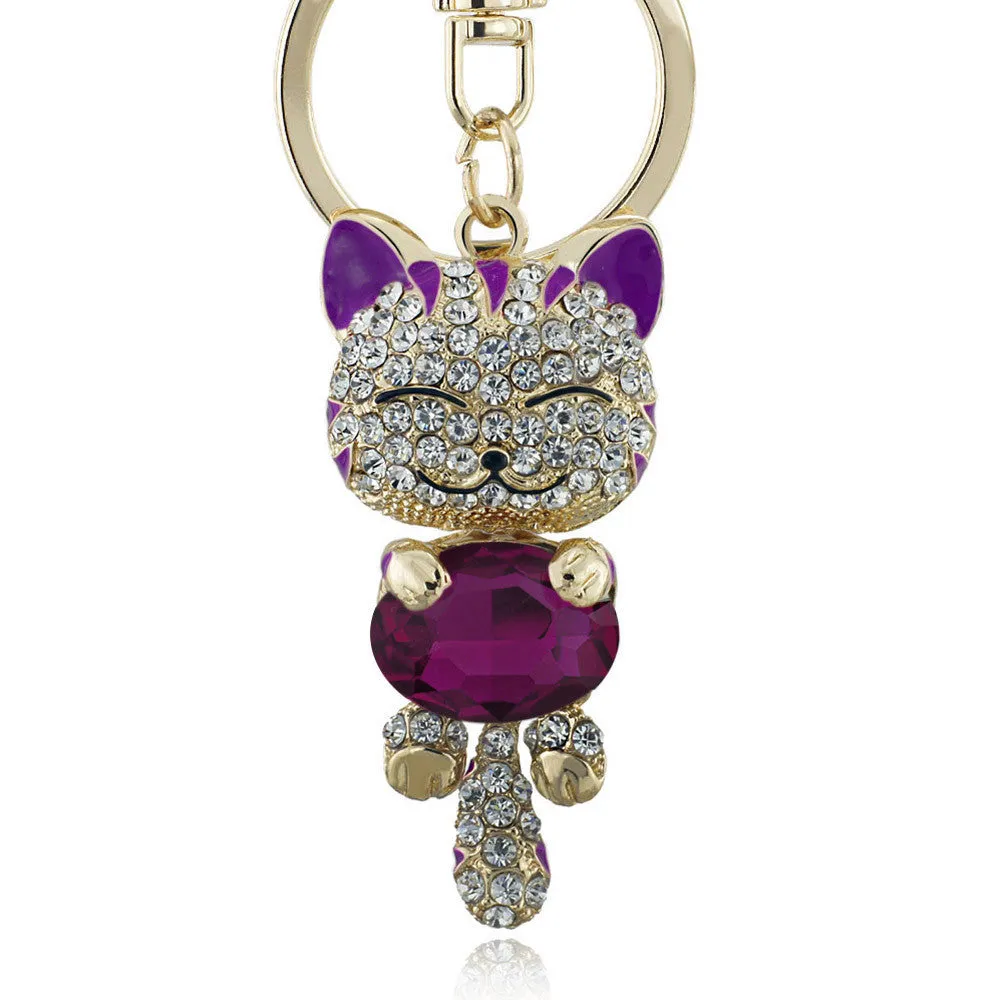 Lucky Smile Cat Crystal Rhinestone Key Chains Holder Purse Bag