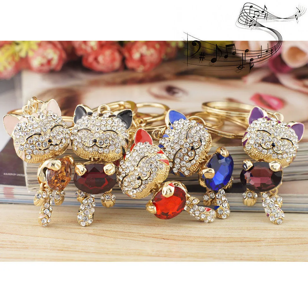 Lucky Smile Cat Crystal Rhinestone Key Chains Holder Purse Bag