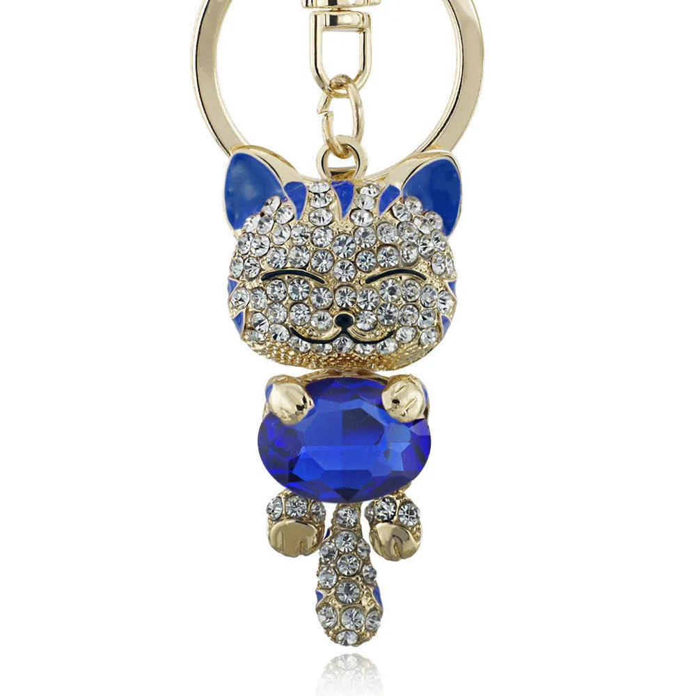 Lucky Smile Cat Crystal Rhinestone Key Chains Holder Purse Bag