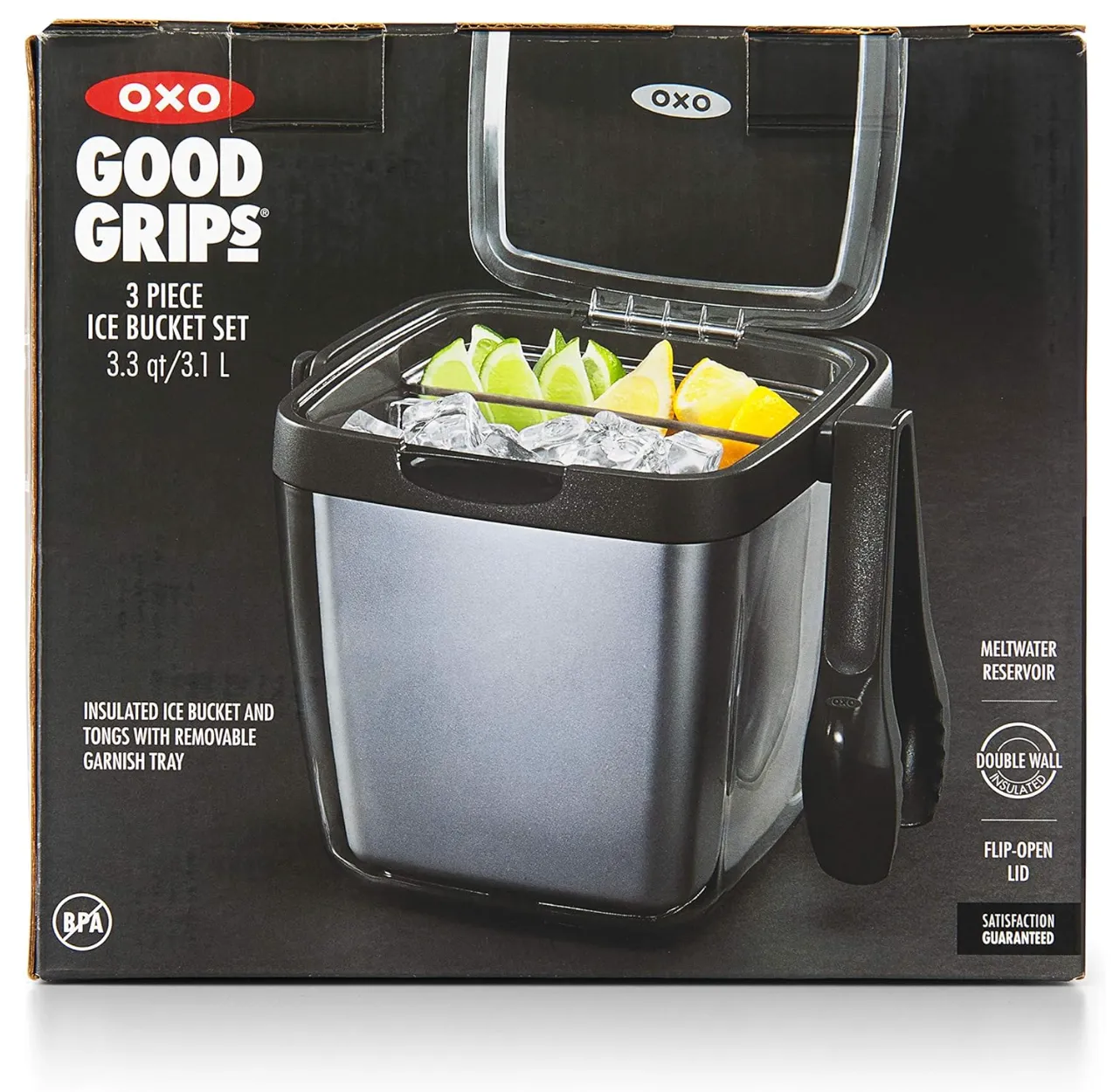 OXO Good Grips Double Wall Ice Bucket with Tongs and Garnish Tray – Grey