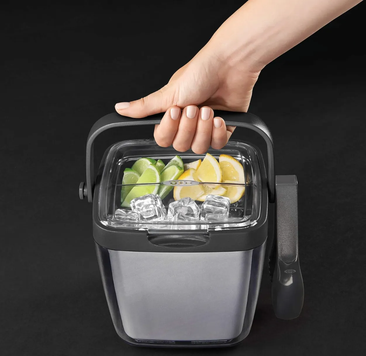 OXO Good Grips Double Wall Ice Bucket with Tongs and Garnish Tray – Grey