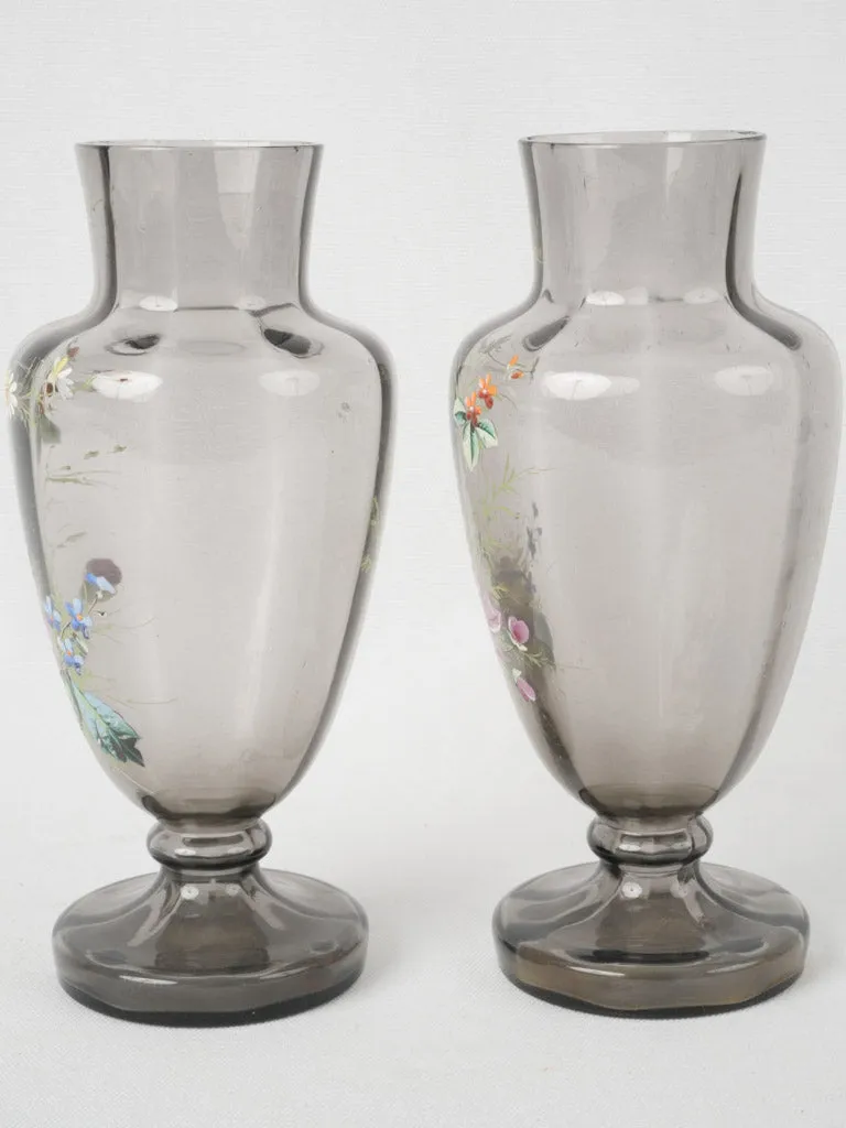 Pair of 19th-century French floral decorated blown glass vases 9½"