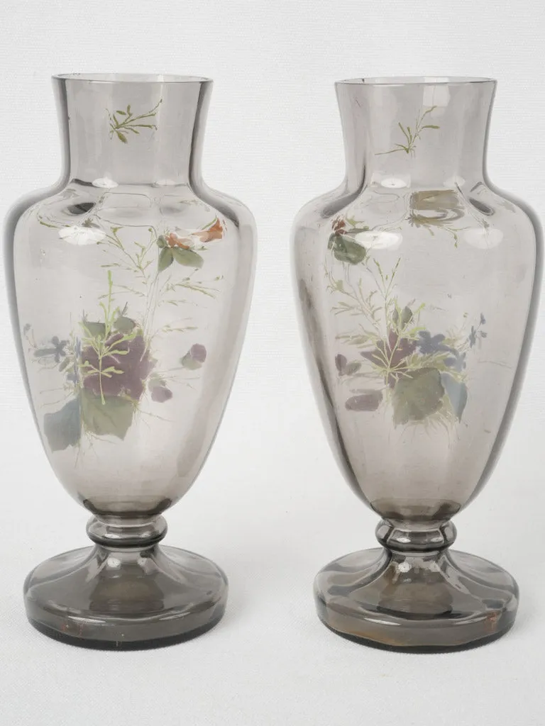 Pair of 19th-century French floral decorated blown glass vases 9½"