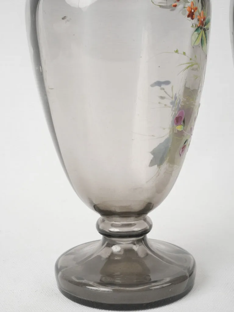 Pair of 19th-century French floral decorated blown glass vases 9½"