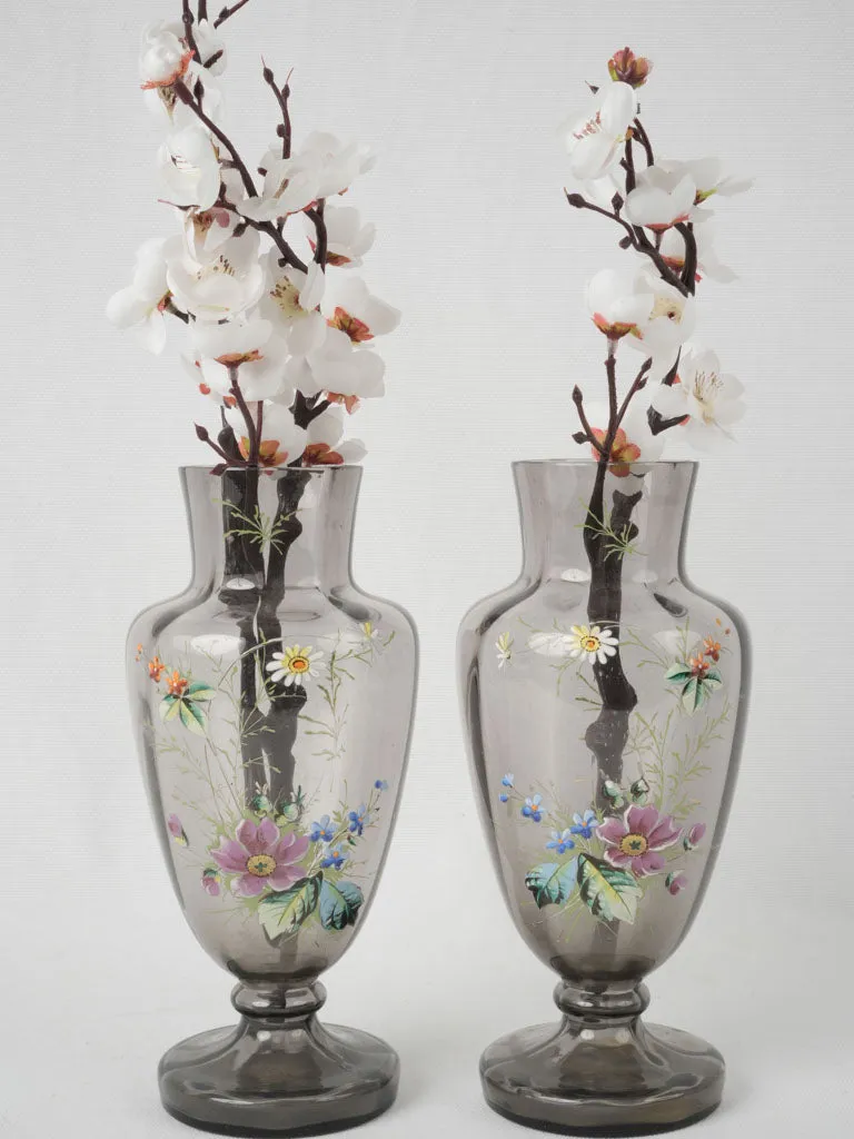 Pair of 19th-century French floral decorated blown glass vases 9½"