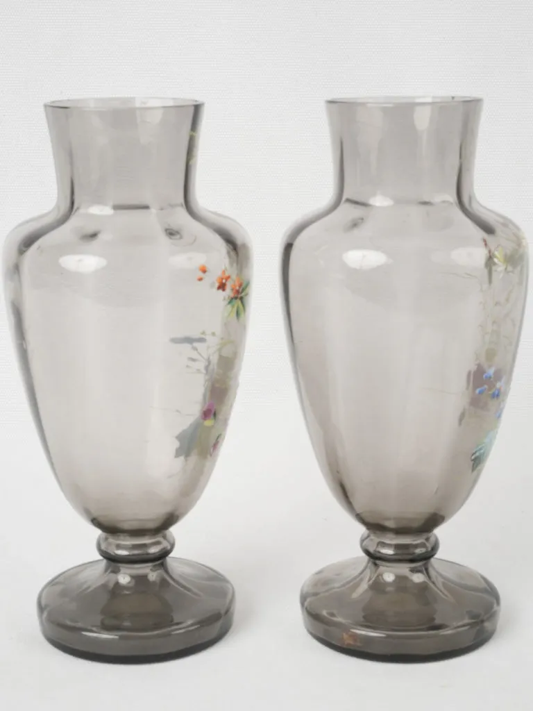 Pair of 19th-century French floral decorated blown glass vases 9½"