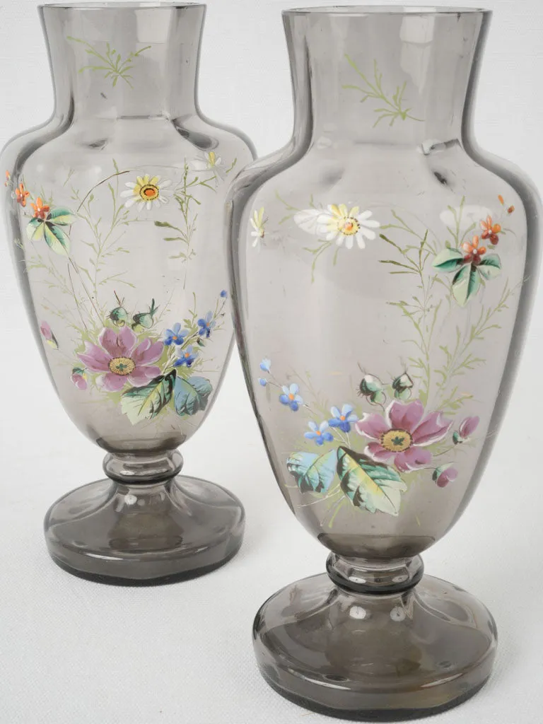 Pair of 19th-century French floral decorated blown glass vases 9½"