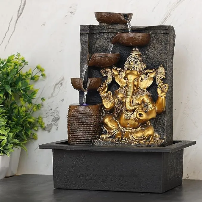 Polyresin Ganesh Tabletop Water Fountain, Elegant Hindu God Indoor Waterfall Decor