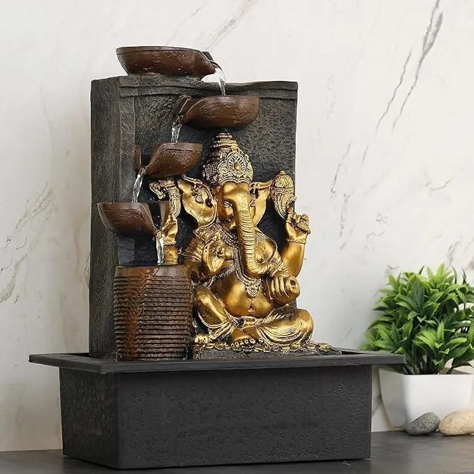 Polyresin Ganesh Tabletop Water Fountain, Elegant Hindu God Indoor Waterfall Decor