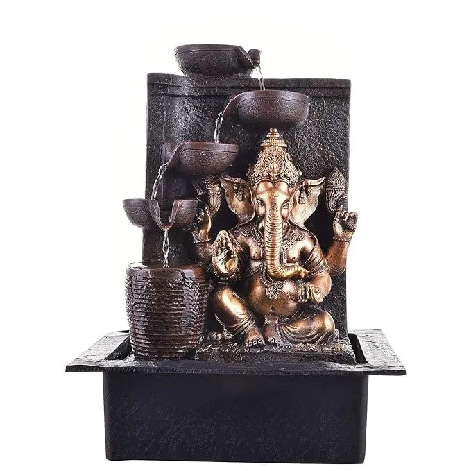 Polyresin Ganesh Tabletop Water Fountain, Elegant Hindu God Indoor Waterfall Decor