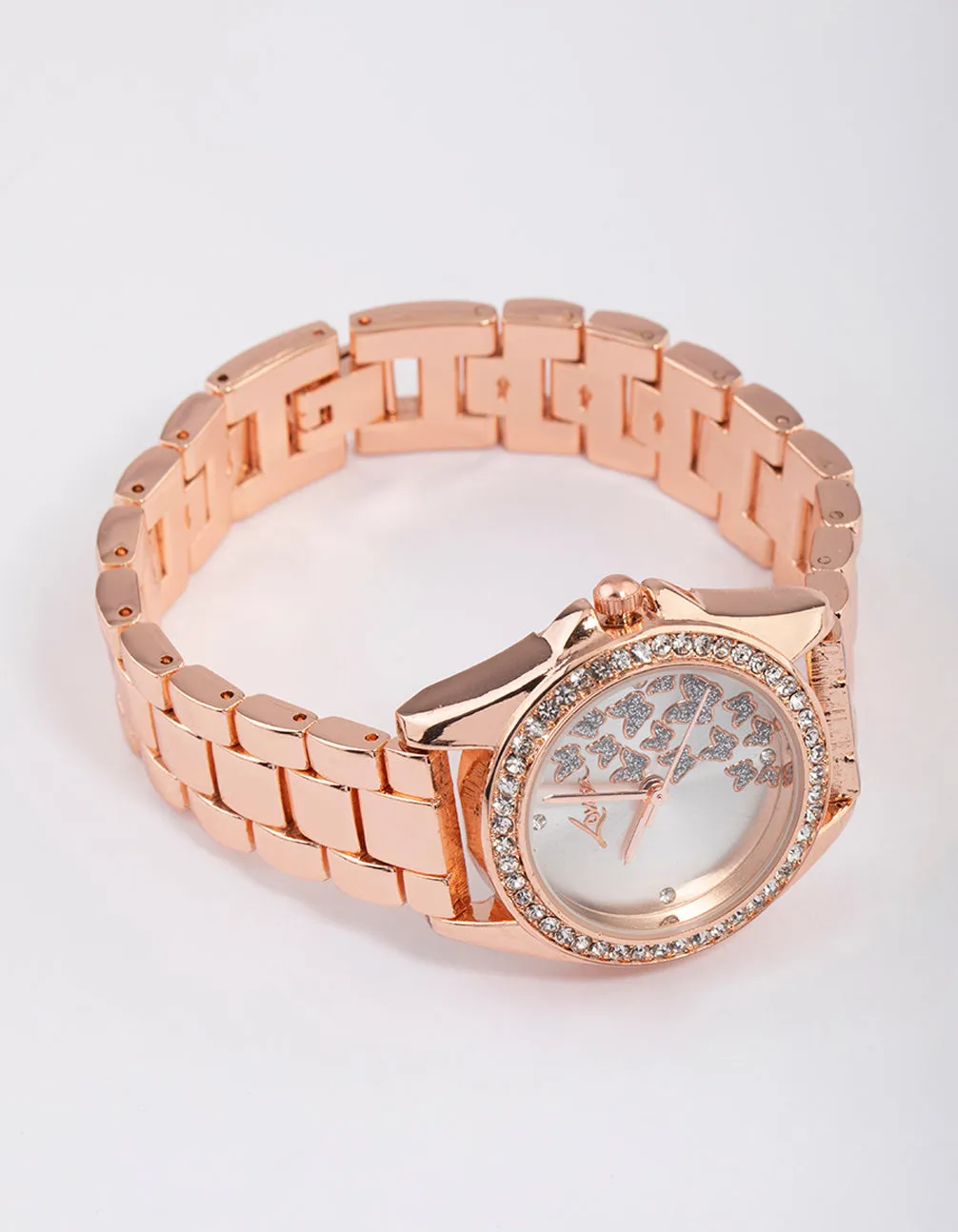 Rose Gold Butterfly Diamante Link Watch