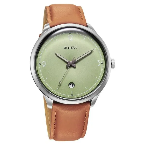 Titan Timeless Treasures Men's Watch Analog Green Dial With Brown Leather Strap, 10023SL01