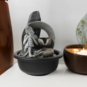 Urbane Home Polyresin Buddha Fountain for Home Decor with LED Lights | 16x16x19cm | Tabletop Fountain | Living Room/Hall/Office/Garden Décor Gifting | Grey Color